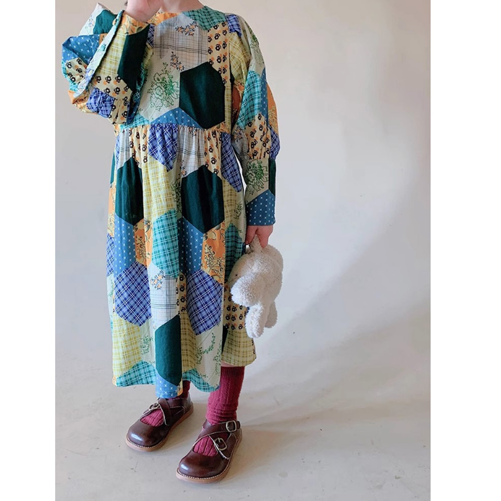 ワンピース キッズ 長袖 レトロ パッチワーク柄 韓国子供服 女の子