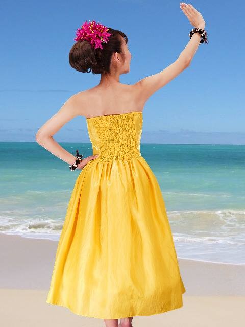 フラダンス ムームー 刺繍バックサテン ミディ丈ドレス イエロー F