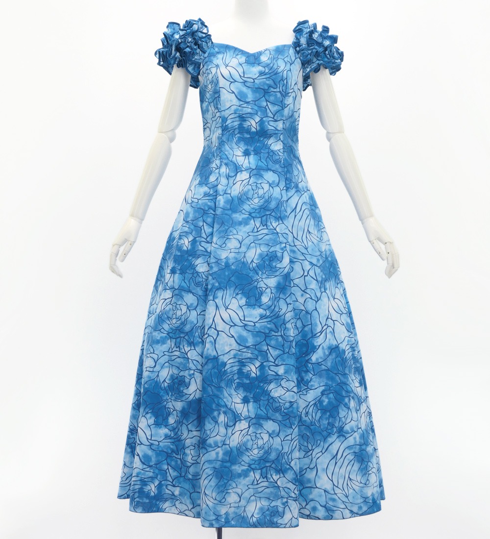 フラダンス 袖フリル ハワイアンファブリックドレス ブルー M(F