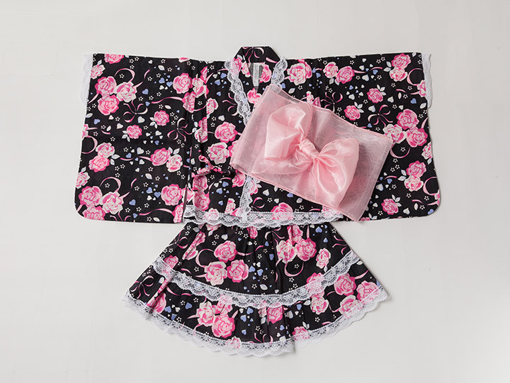 浴衣ドレス バラ×リボン柄 浴衣ドレス 帯付き 帯付き3点セット 浴衣