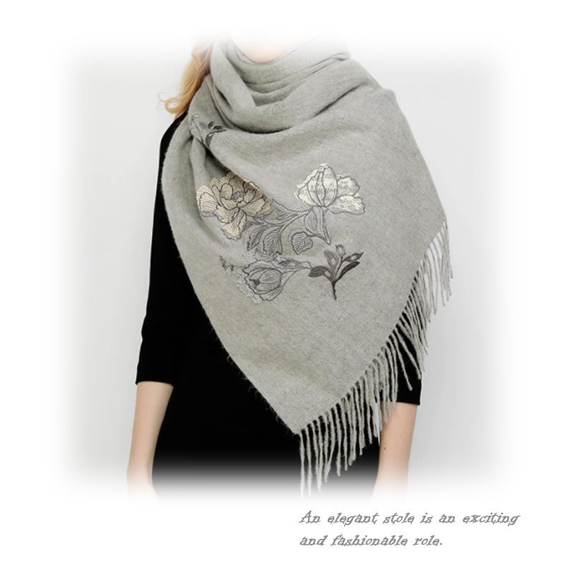 ストール レディース エレガントな花柄刺繍ウール大判ストール