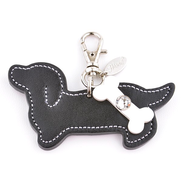 ダックスフンド チャーム 犬 牛本革 スワロフスキー付き Happy 全5色