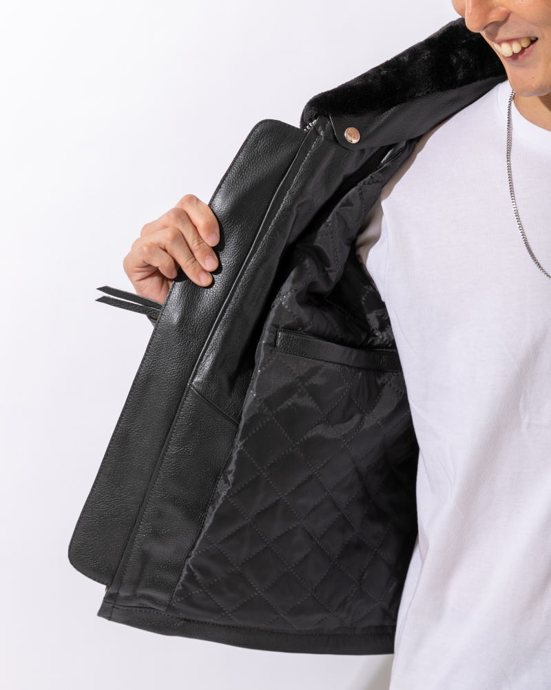 フリーダムレザー 革ジャン メンズ 本革 襟ボア付 シングルライダース