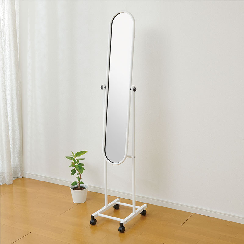 キャスター付き スタンドミラー 1個 ホワイト 角度調節 飛散防止加工