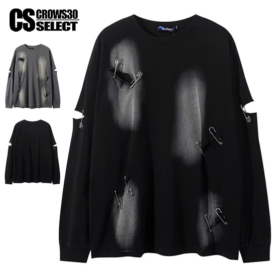 モード系 ロンT メンズ ロングTシャツ V系 カットソー ダメージ加工