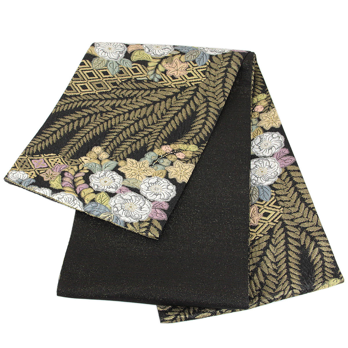 袋帯 -42- 西陣織 織華佐竹 ふくれ織り 六通柄 絹混 黒金地 辻が花文様