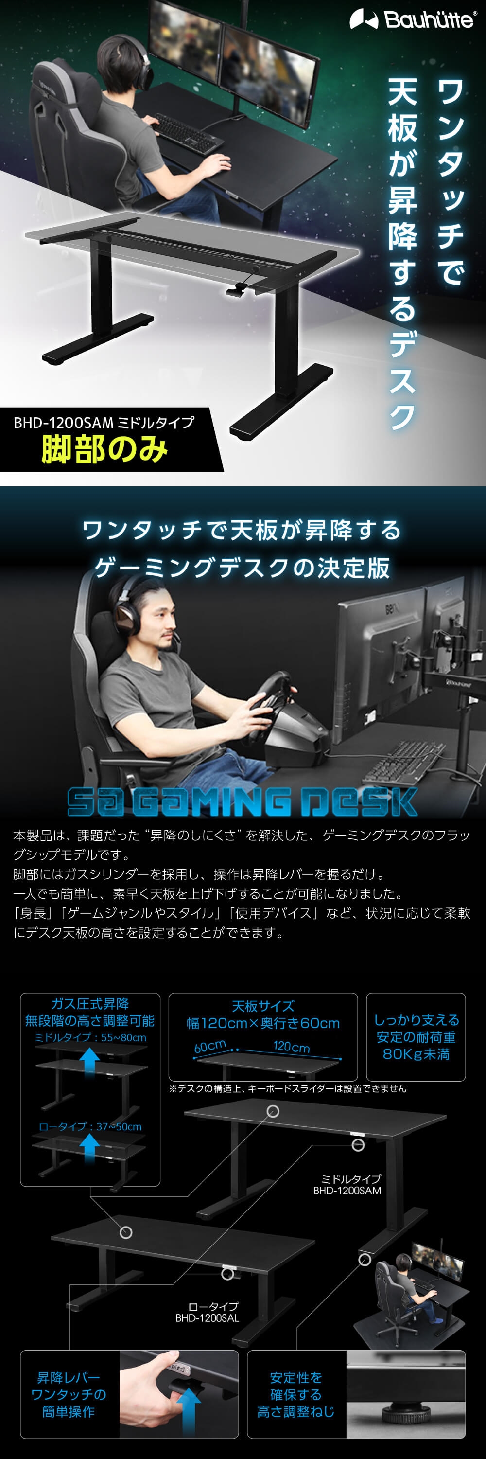 Bauhutte（バウヒュッテ） デスク BHD-1200SAM-BK SAゲーミングデスク