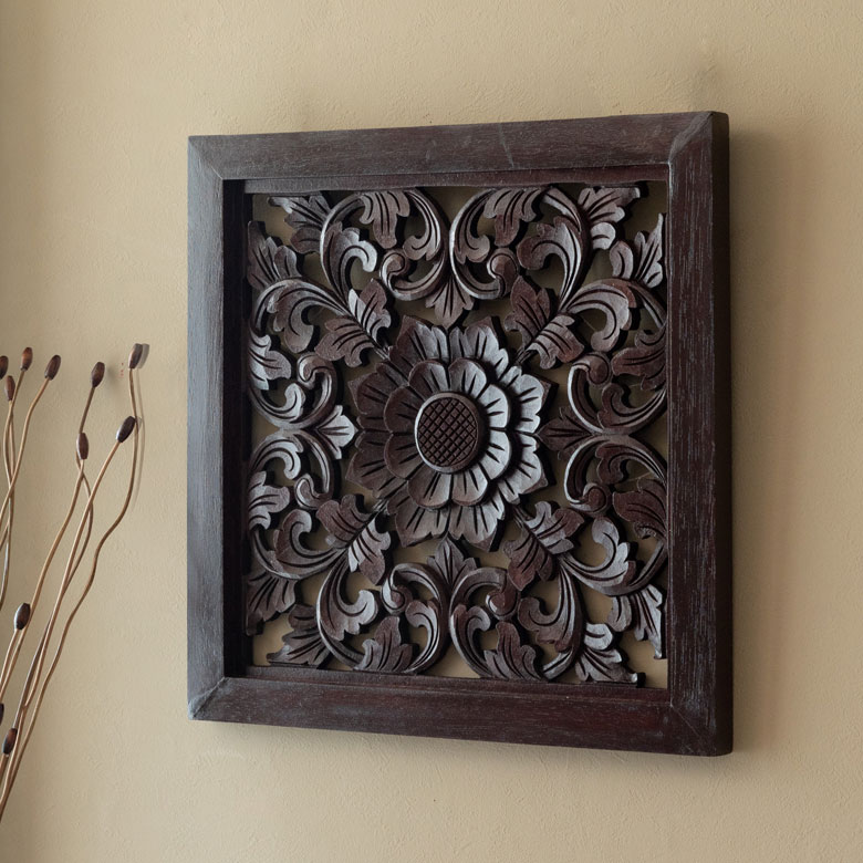 木彫り レリーフ 彫刻 アジアンフラワー 壁掛け 木製 アート パネル