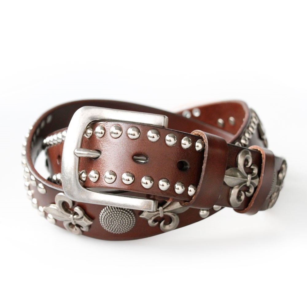 ベルト メンズ カジュアル スタッズ 本革 レザー 百合の紋章 フレア