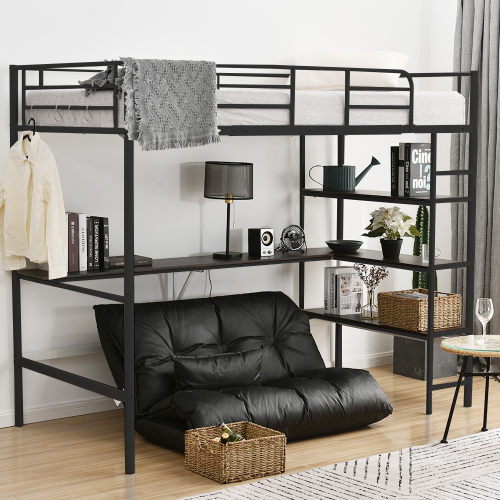 BTM ロフトベッド パイプベッド シングル コンセント付き デスク付き