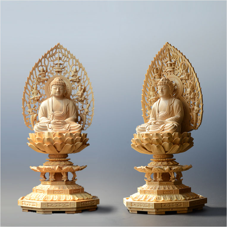 仏像 総柘植材・八角飛天光背：釈迦如来3.0寸 曹洞宗 臨済宗 禅宗 仏壇