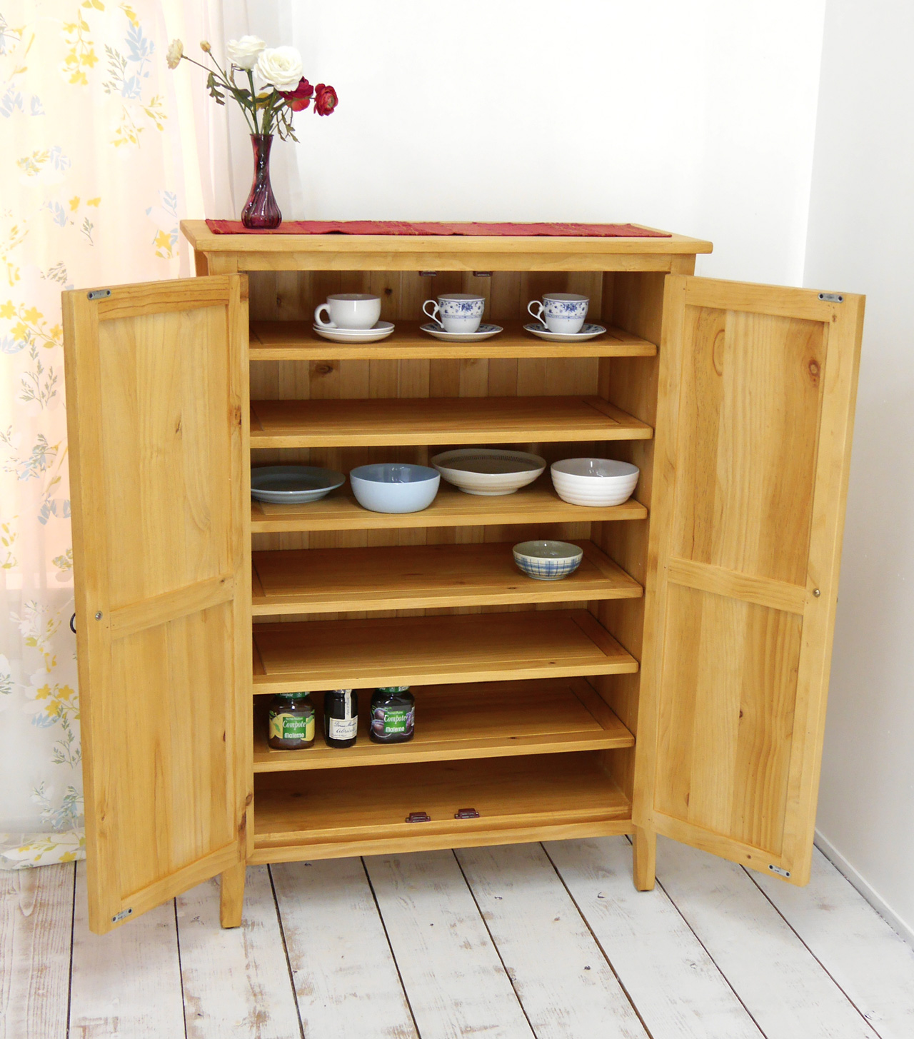 無垢キャビネット 木製扉 Valencia リング取っ手 高さ120cm 食器棚