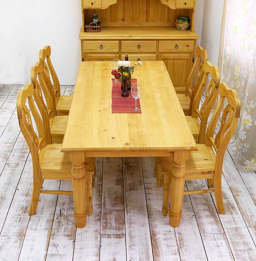 幅190cm カントリーパインダイニングテーブル7点セット 無垢木製 6人用