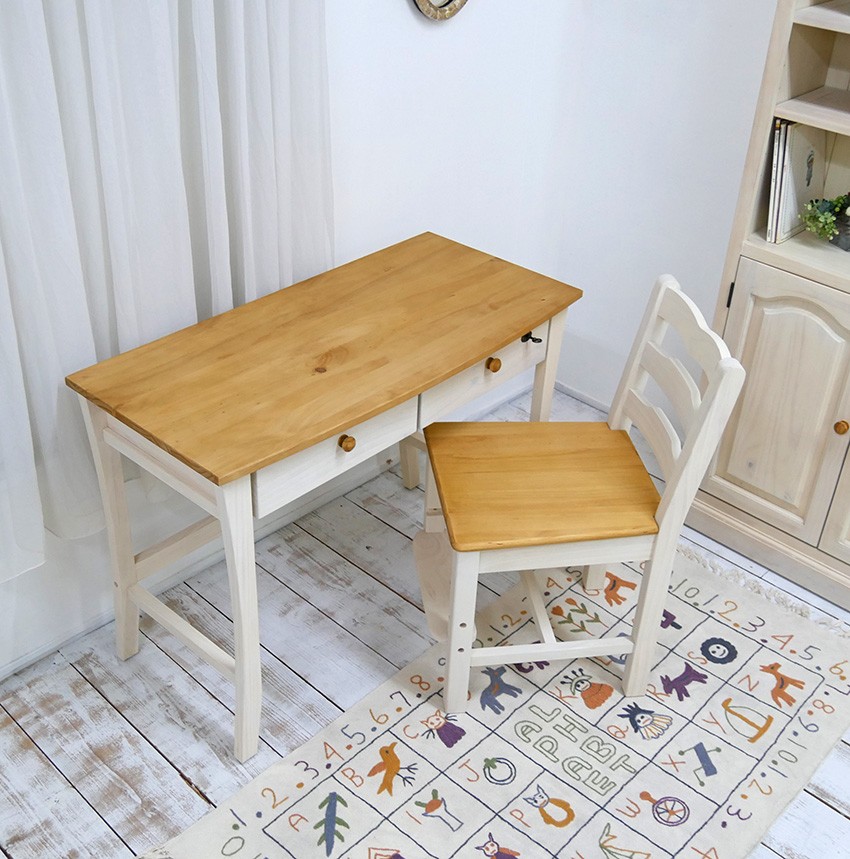 北欧風デスク 2点セット 白いフレンチカントリー勉強机+学童チェア85