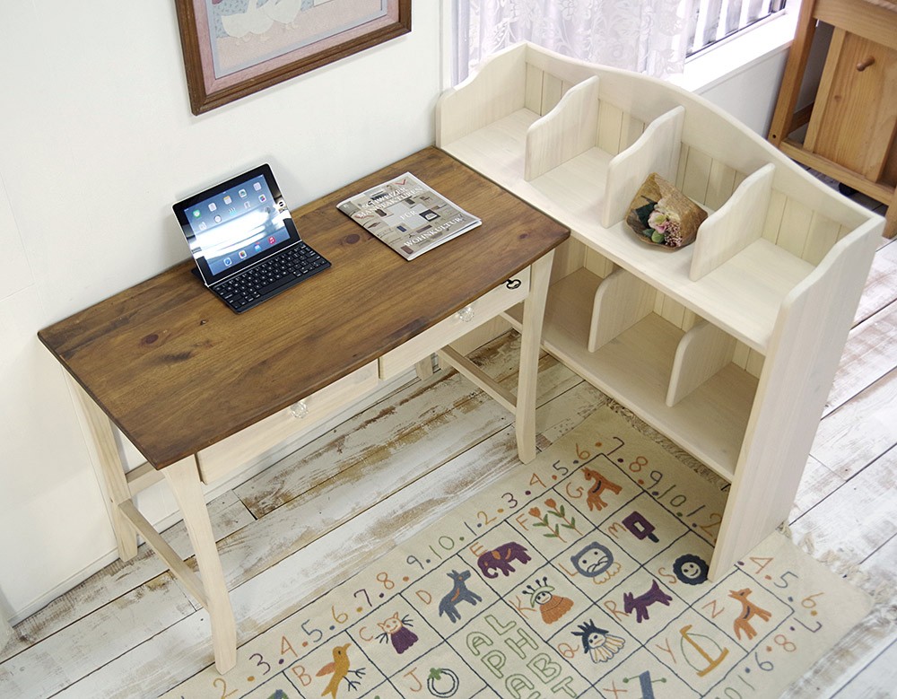 パイン学習机 バレンシア本棚付きデスク-ミルキー ウォールナット色