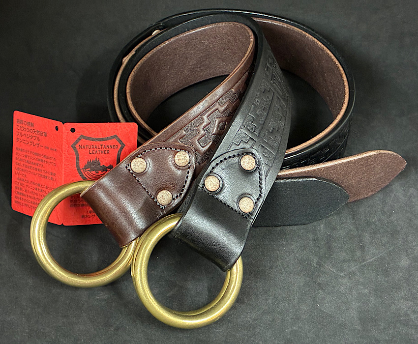 Wリングベルト】栃木レザーベルト 40ミリ幅 ダブルリング ネイティブ柄