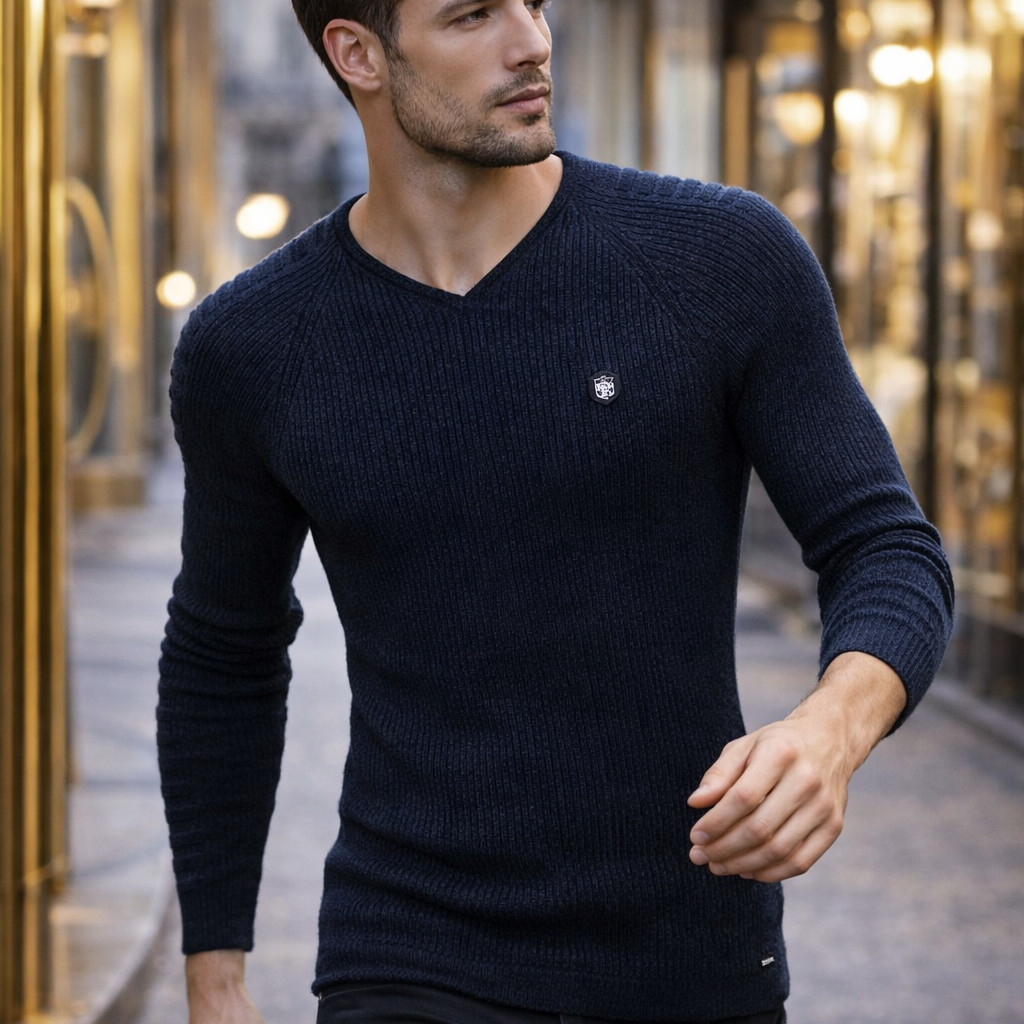 薄手のニット Vネック リブセーター メンズ 袖ボーダー編み 薄地 紺