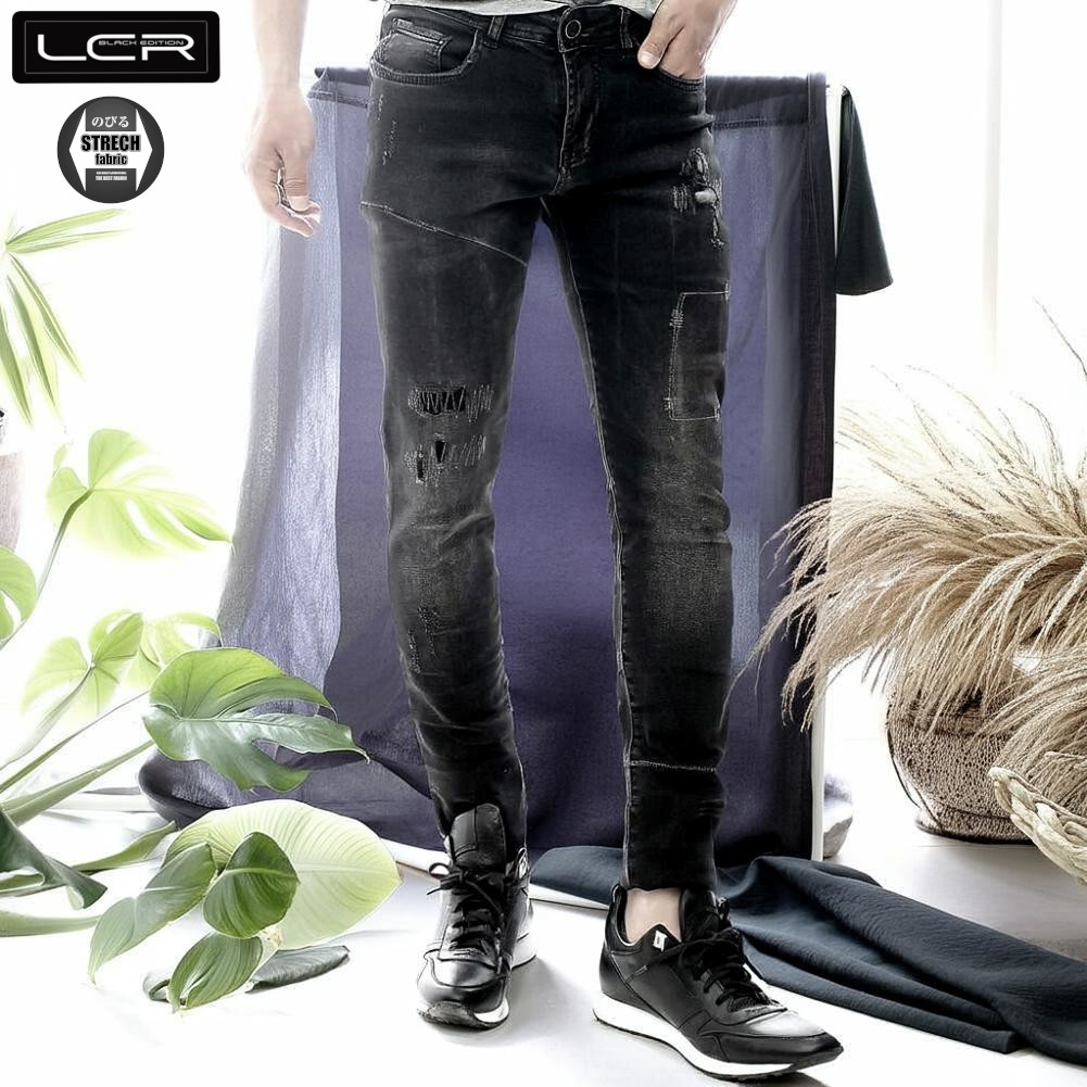 スキニー デニム メンズ ストレッチ ジグザグミシン ダメージ 黒