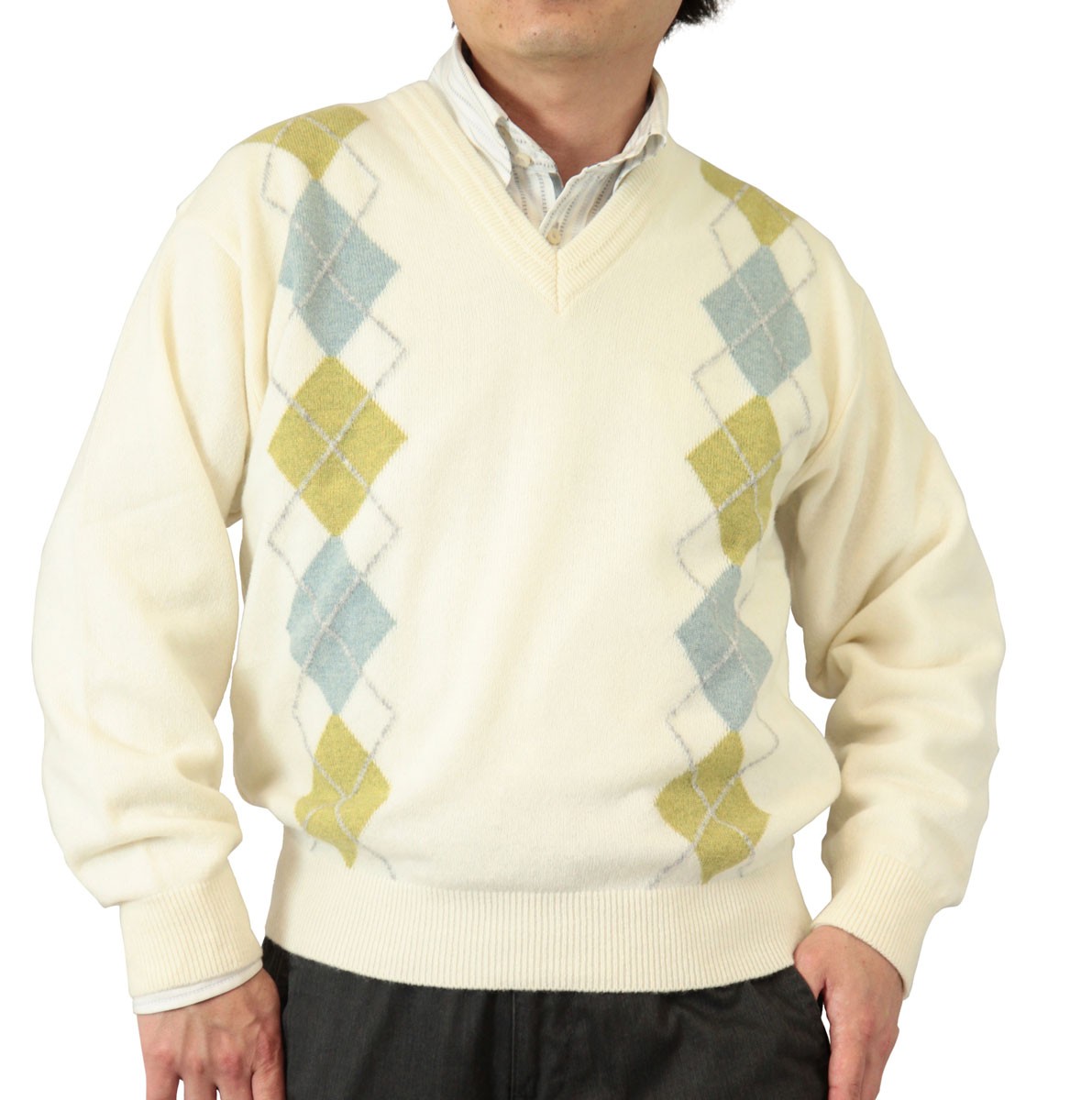 セーター V首 アーガイル柄 カシミヤ5%ナイロン25%毛70% 日本製 10