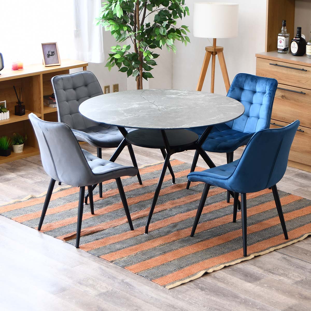 ダイニングテーブルセット 5点セット ガラステーブル 円形 ガラス 石目