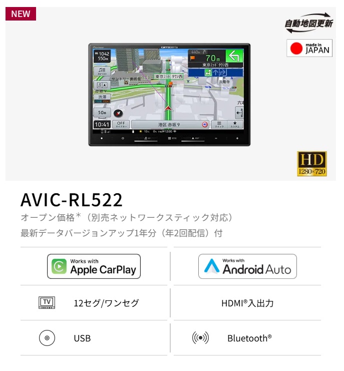 楽ナビ 【バックカメラセット】 AVIC-RL522＋ND-BC9 カーナビ 8インチ
