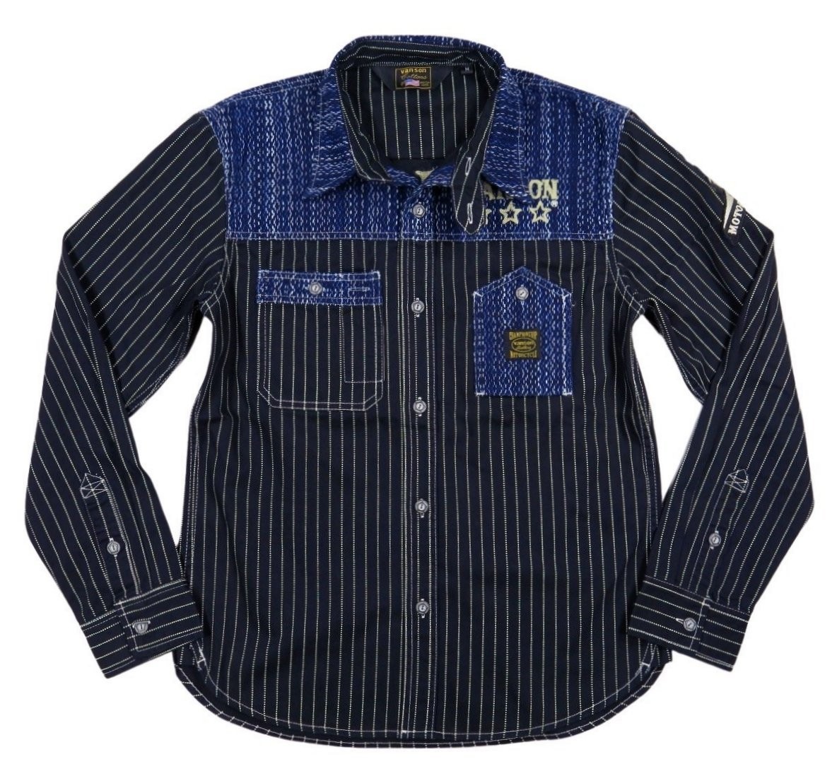 VANSON（バンソン） 刺し子切替 チェーン刺繍 長袖 ウォバッシュ