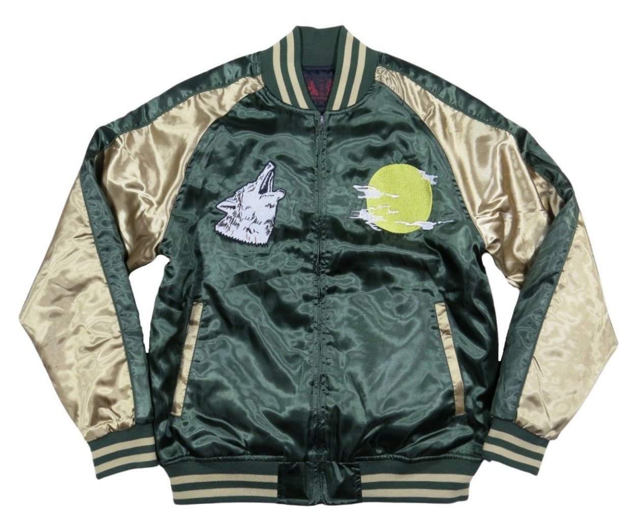 狼月夜 枝垂桜 総刺繍 サテン地 中綿入り 和柄 スカジャン メンズ