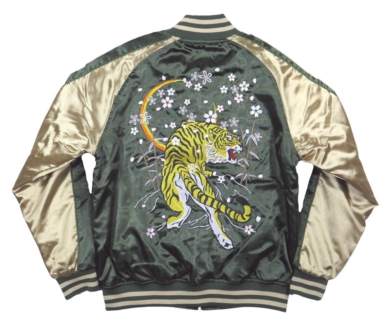 虎 月夜桜 総刺繍 サテン地 中綿入り 和柄 スカジャン メンズ : JTWO