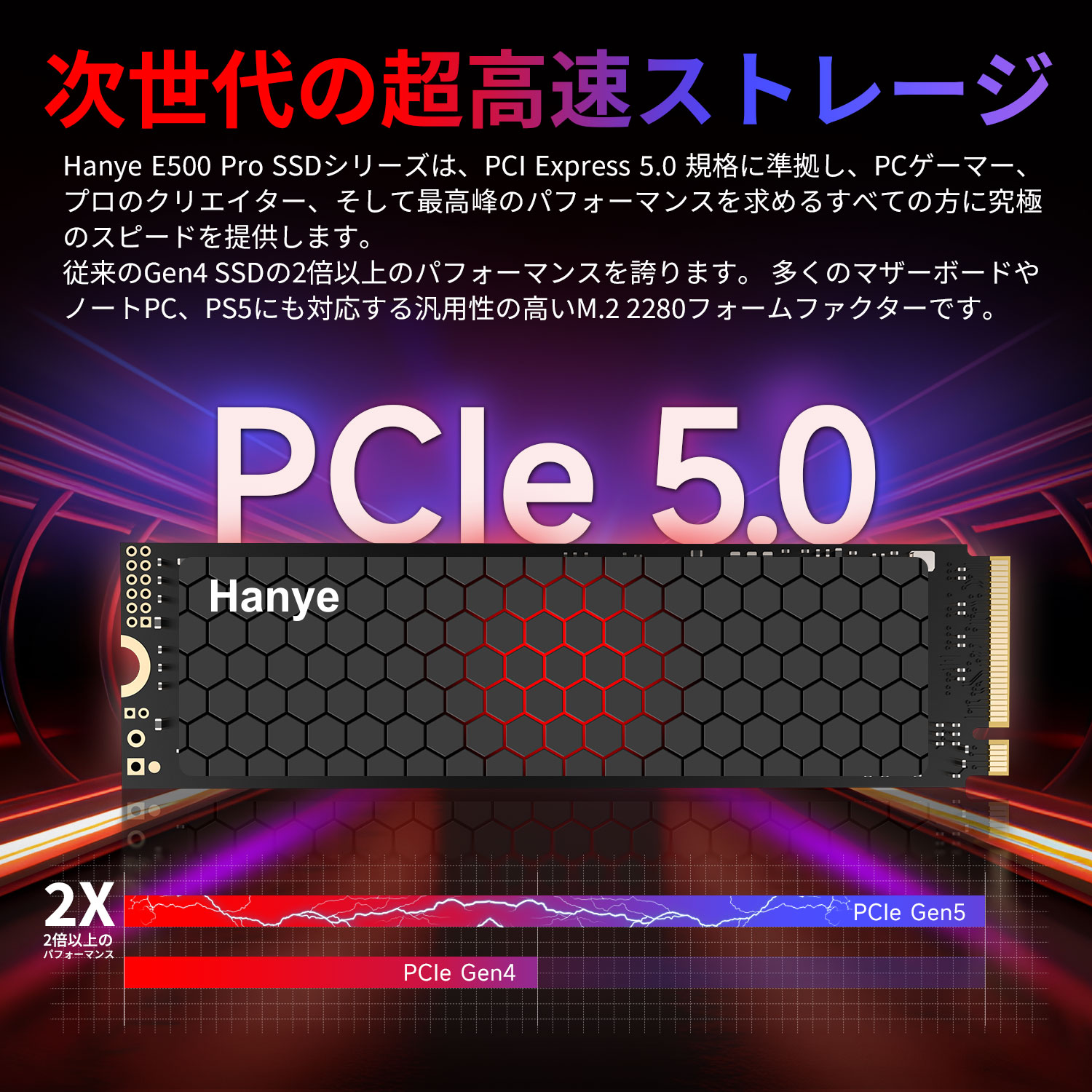 Hanye 内蔵SSD 2TB PCIe Gen5 M.2 NVMe 2280 DRAM搭載 R:14200MB/s W