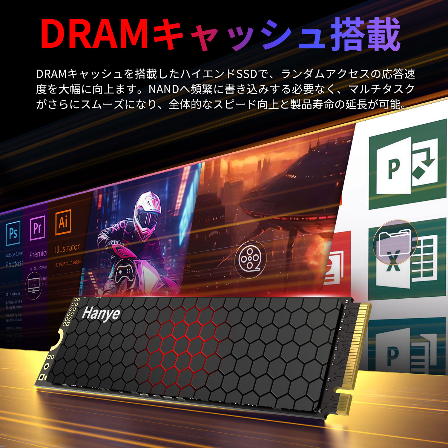 Hanye 内蔵SSD 2TB PCIe Gen5 M.2 NVMe 2280 DRAM搭載 R:14200MB/s W