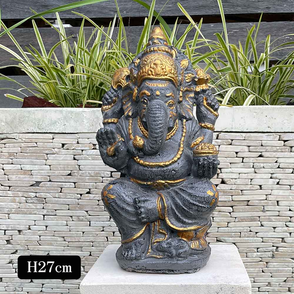 ガネーシャ 石像 像 置物 グレー 金 H27cm セメント製 バリ風