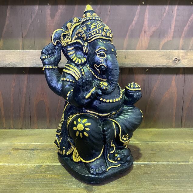 ガネーシャ 置物 黒 金 H28cm セメント製 バリ風 インドネシア 仏像