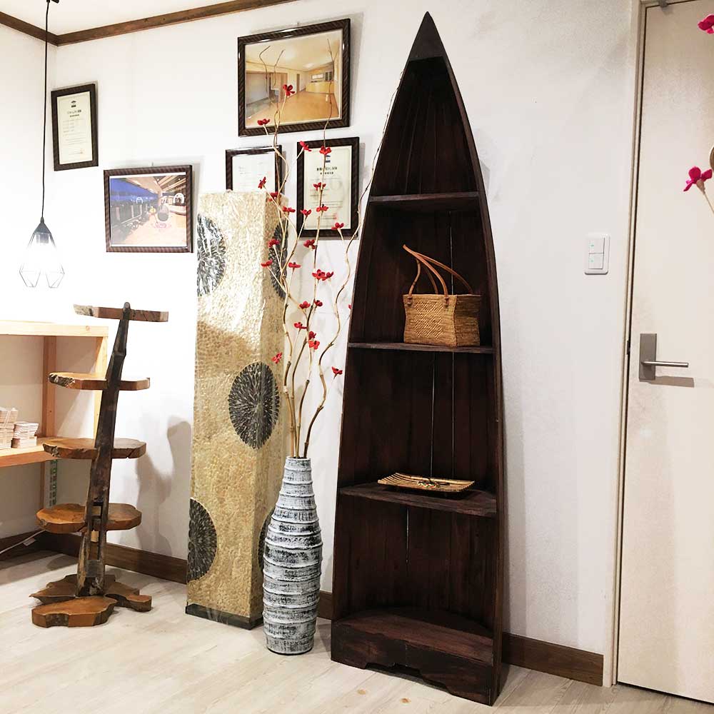 ボート型 船型 ラック 棚 4段 H195cm 木製 白 飾り棚 バリ家具