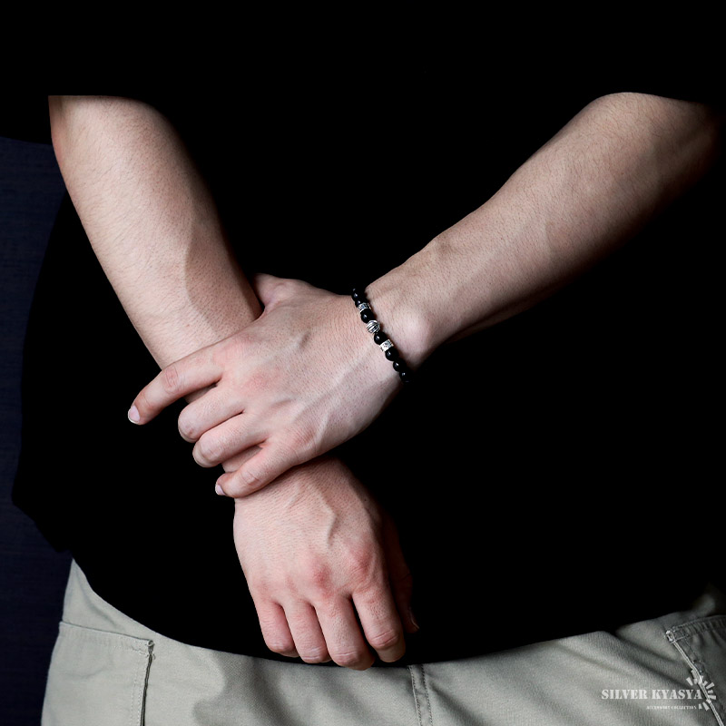 シルバー925 天然石 オニキスブレスレット クロス 梵字 十字架