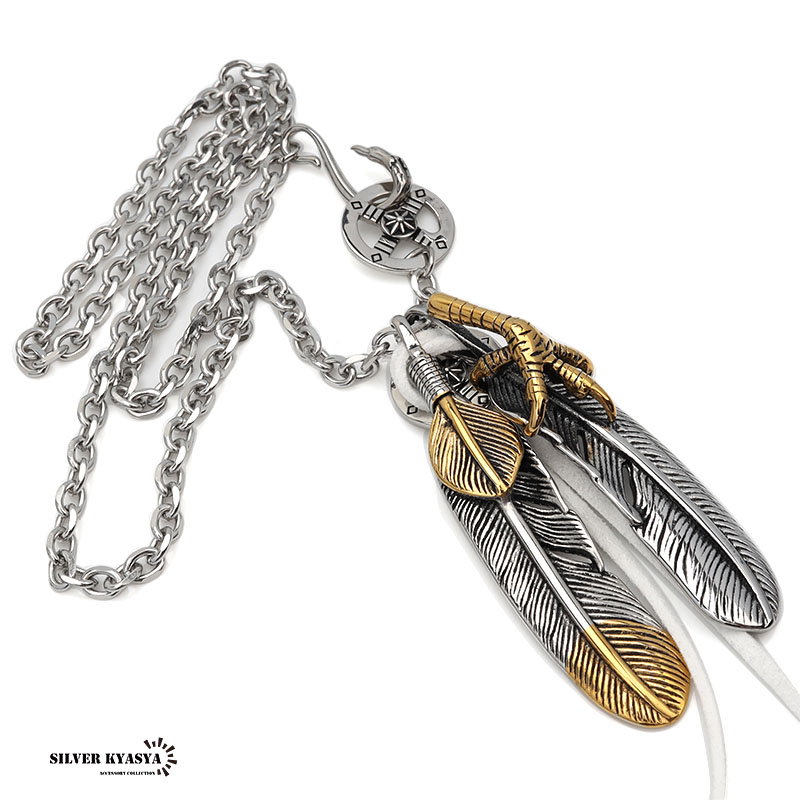 316L ダブル フェザーネックレス メンズ シルバー 太陽 金爪 特大