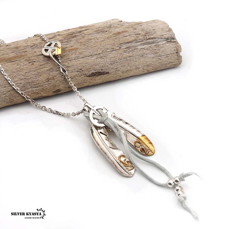 フェザーネックレス シルバー925 羽 ダブルフェザー 金爪 特大フェザー