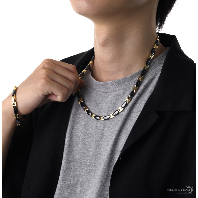 磁気ネックレス ステンレス ビーズ 18k ip gold black ゴールド