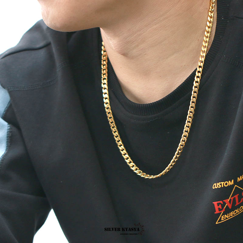 幅7mm STAINLESS STEEL 喜平チェーンネックレス 6面カット ゴールド 金