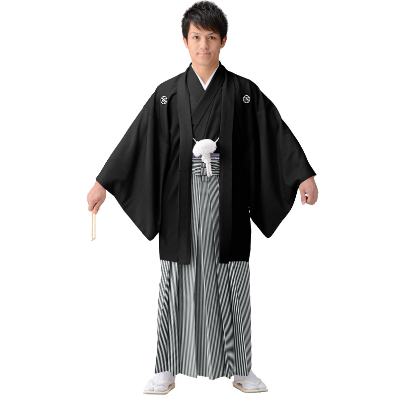 黒紋付羽織袴セット 6点セット 白黒縞 グレー縞 茶縞 結婚式 新郎 成人
