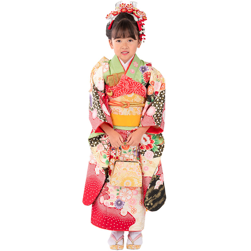 七五三 着物 四つ身 セット 女の子 7歳 7才 絵羽 結び帯 白 ヒワ 緑