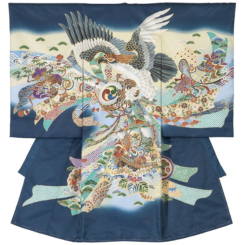 産着 お宮参り 着物 初着 男の子 紺 鷹 虎 矢羽根 宝船 : 京のみやび