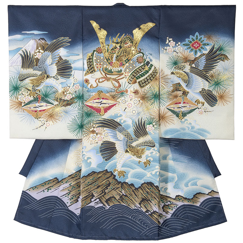 産着 お宮参り 着物 初着 男の子 鷹 兜 扇 束のし 向い鶴 松 龍 : 京の