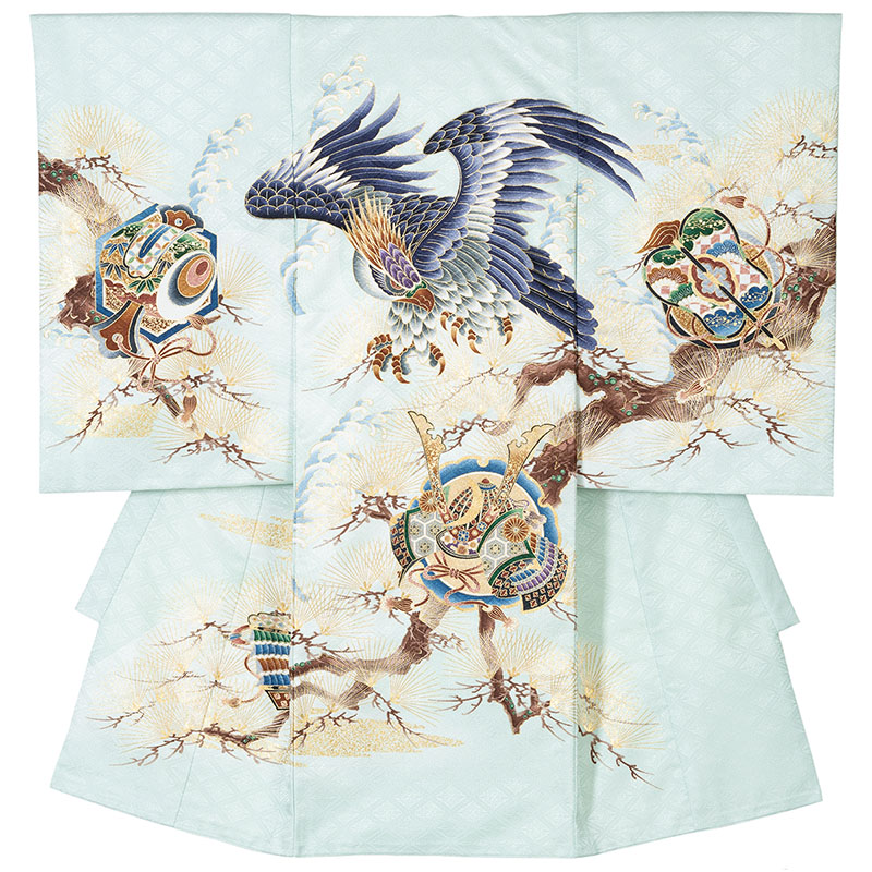 産着 お宮参り 着物 初着 男の子 鷹 兜 扇 束のし 向い鶴 松 龍 : 京の