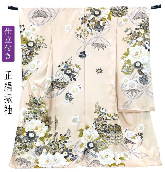 仕立て付き 正絹振袖 単品 マロンベージュ色 f-188-t 刺繍 成人式 卒業