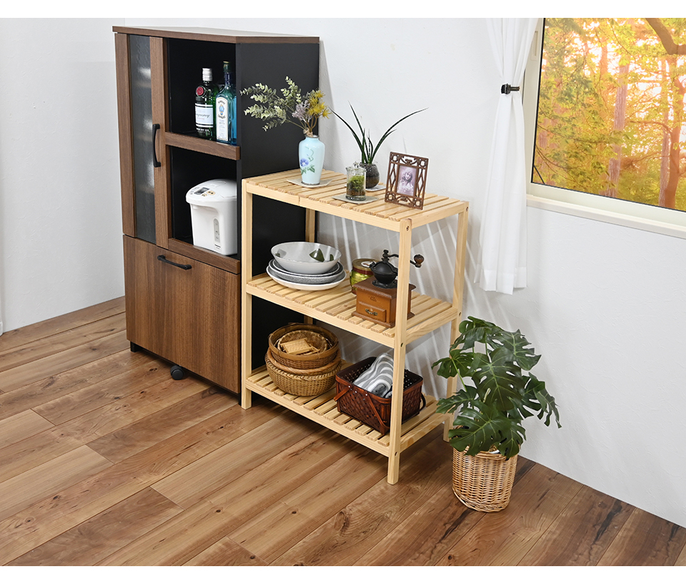 シェルフ 3段 幅60 天然木 ウッドラック オープンラック 棚 ナチュラル