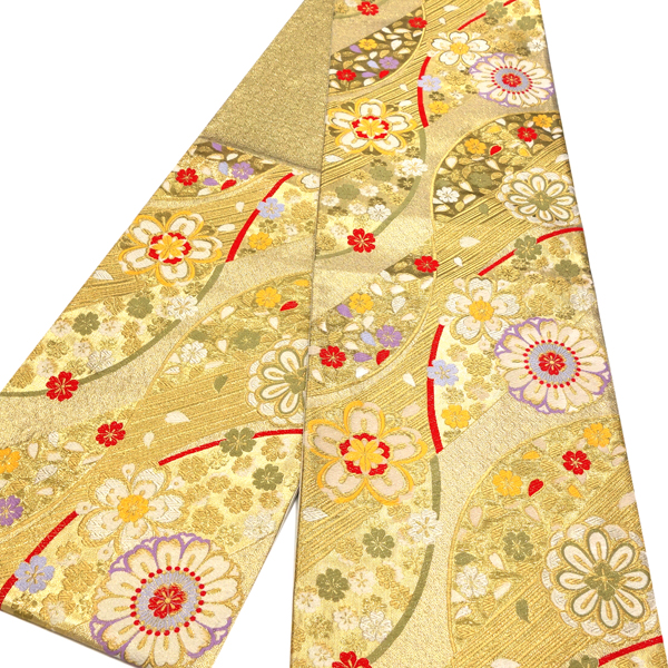 廣部商事 振袖用 袋帯 金 ゴールド 仕立て上がり 斜めよろけ縞 菊 桜