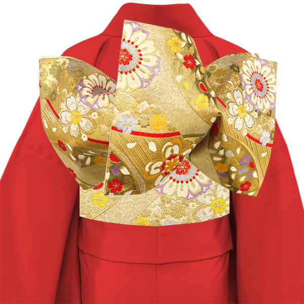 廣部商事 振袖用 袋帯 金 ゴールド 仕立て上がり 斜めよろけ縞 菊 桜