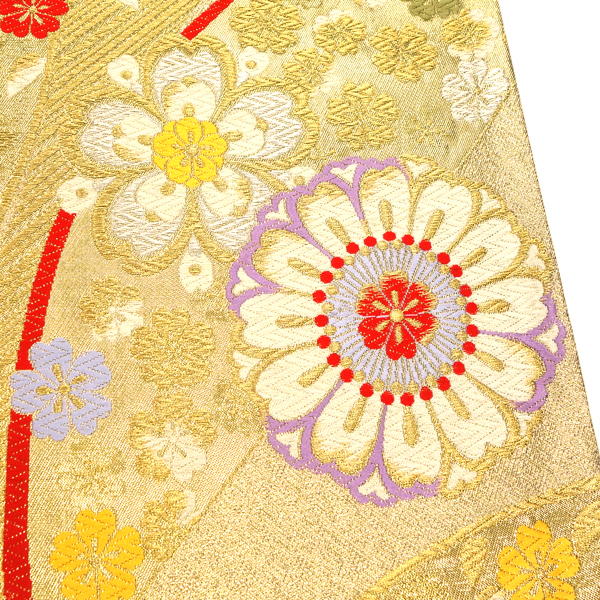 廣部商事 振袖用 袋帯 金 ゴールド 仕立て上がり 斜めよろけ縞 菊 桜