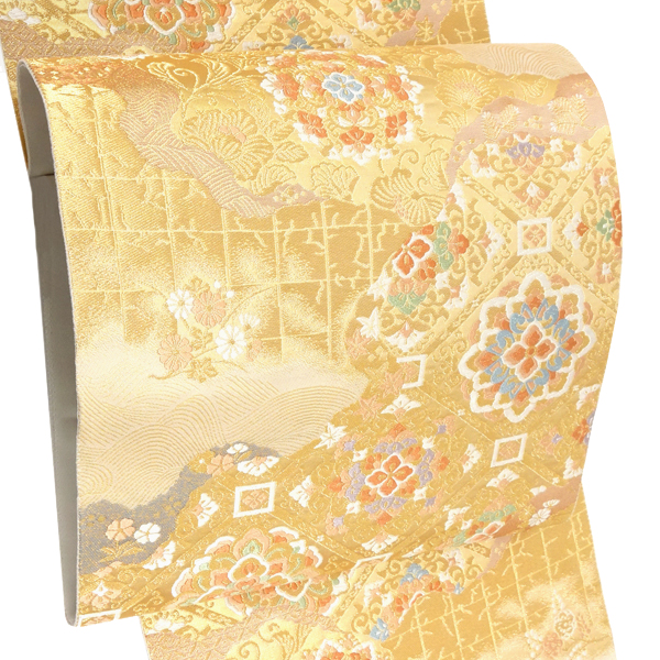 袋帯 金 服部織物 こはく錦 正絹 ゴールド 仕立て付き 引箔 道長取り