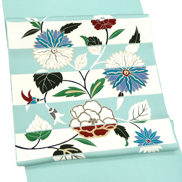 塩瀬名古屋帯 京友禅 仕立て付き 水色 正絹 染め帯 お茶会 五泉 新品